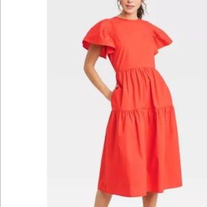 NWT WHO WHAT WEAR Dress Tiered Orange Flutter Short Sleeve A-line Midi Dress M